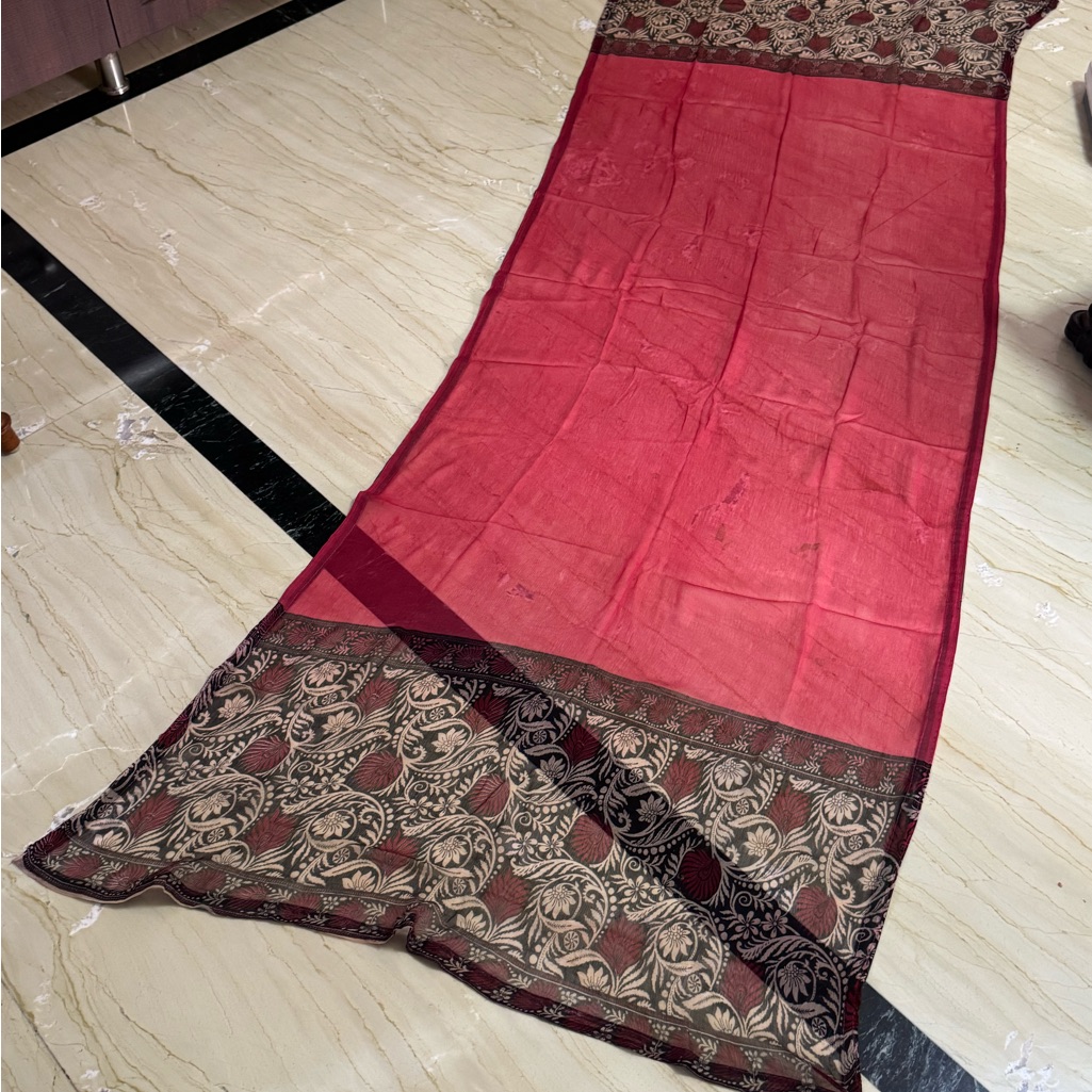 Chic Red Scarf/Dupatta With Black Floral Border